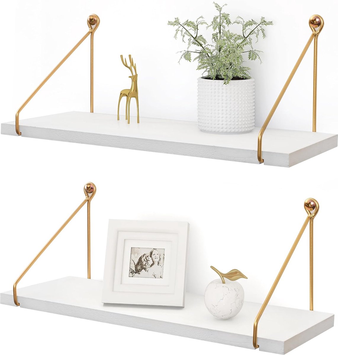 Wandrek, wit, set van 2 zwevende planken van hout, met gouden stang, metaal, lang, hangrek, keuken, modern decor, zwevende planken voor woonkamer, slaapkamer, badkamer