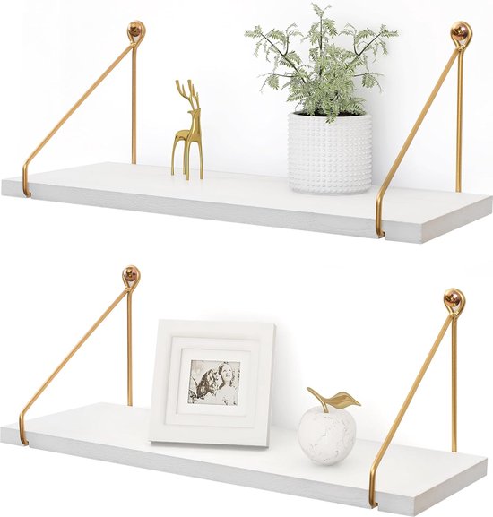 JUJOYBD Wandrek, goud, van hout en metaal, set van 3, zwevende rekken voor slaapkamer, woonkamer, keuken en kantoor, moderne hangrekken in 3 maten 20 cm, 29 cm, 41 cm