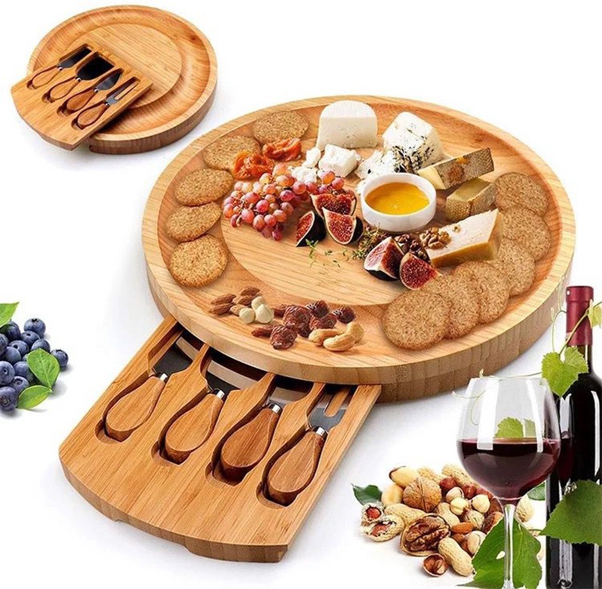 Nina's Giftshop Borrelplank - Kaasplank - Tapasplank - Snijplanken - Borrelplank Rond - Kerstcadeau - Kaasplankje - Cadeau voor Vrouw - Cadeau voor Man - Borrelplank Bamboe - Serveerplank - Keuken - Keukenaccessoires - Inclusief Mesjes - ø 36 CM