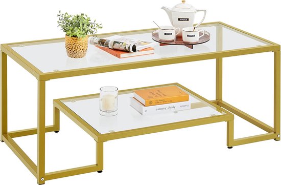 HOOBRO EGD04XG01 Half Table with Shelves, 100 cm, Side Table, Coffee Table, Tempered Glass, Modern for Exhibition, Metal Frame, for Living Room, Hallway, Golden