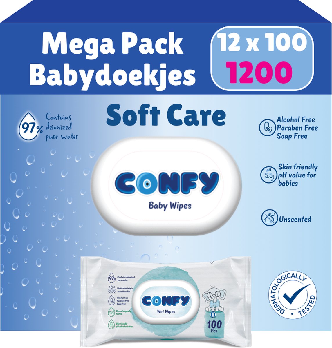 Goedkoopste Confy Soft Care Billendoekjes - 12 x 100 Stuks - 1200 Doekjes