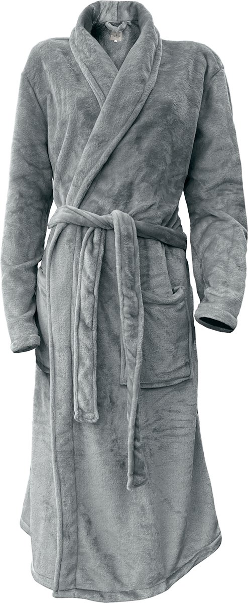LINNICK Flanel Fleece Uni Badjas - Dark Grey - M - Badjas Dames - Badjas Heren Antraciet