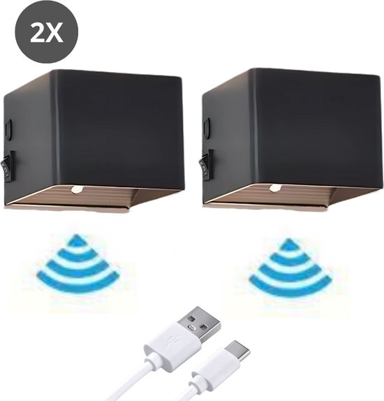 Livista® - Oplaadbare LED Wandlamp 2-Delige Set - Zwart Aluminium Behuizing - Met PIR Sensor - Magnetisch Ontwerp - USB-C Opladen - Draadloos Nachtlampje voor Binnengebruik