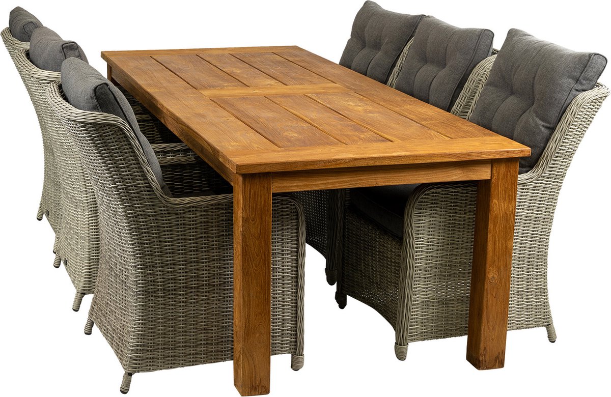 7-delige tuinset met 6 Dublin tuinstoelen (MG) en 240cm Ayra tuintafel (Teak).