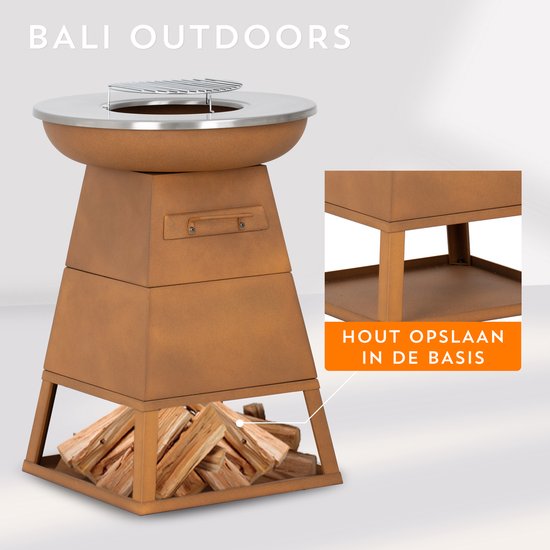 BALI OUTDOORS vuurkorf met houtopslag in de basis, een roestbruine grill met zilverkleurige plaat.