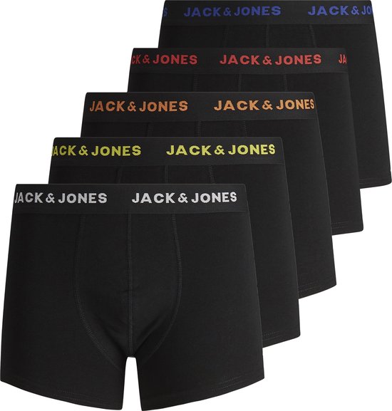 Vijf zwarte boxers met gekleurde Jack & Jones banden: blauw, rood, oranje, geel en wit.