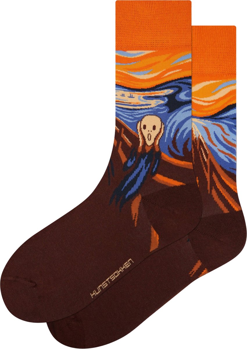 Kunst sokken - De schreeuw: Edvard Munch - Sokken Dames 36 40 - Biologisch Katoenen Sokken - funny socks happy - Vrolijke Sokken - Grappige Sokken - Sokken Cadeau