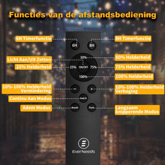 Functies afstandsbediening: 6H/8H timer, aan/uit, 25%-50%-75%-100% helderheid, dimmen, continu aan, adem- en flash modus.