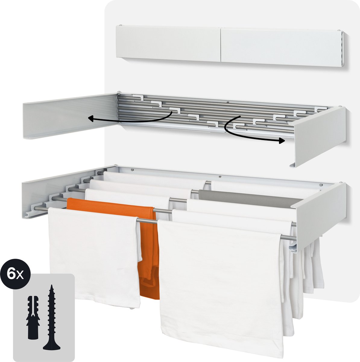 Goedkoopste Uittrekbaar Wanddroogrek - 4m Drooglengte - Incl. Boormal - Inklapbaar - Roestvrij Staal Wit