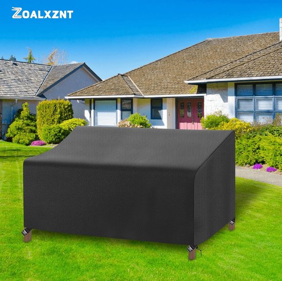 Tuinmeubelhoes waterdicht 420D Oxford met 4 winddichte gespen anti-uv, grote tuintafel en stoelset hoes voor rotan bank, zwart, 380 x 235 x 74 cm