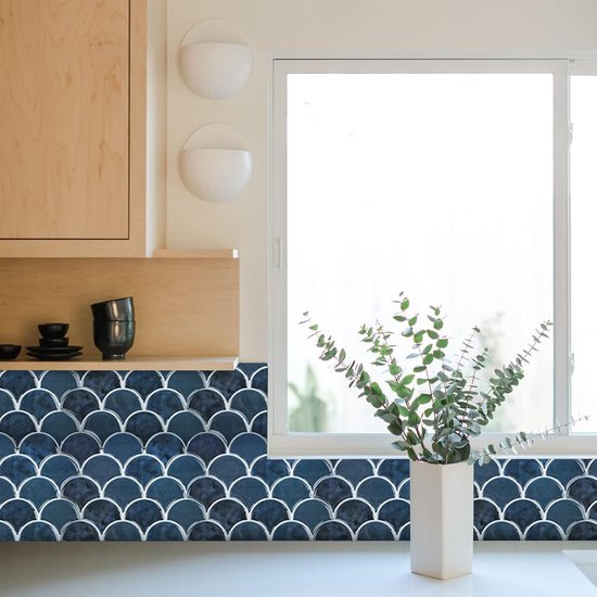Blauwe peeling en plak backsplash, dikker ontwerp, huurdervriendelijke backsplash verwijderbare visschaal zeemeermin gel tegeltegel, plak op wandtegels sticker voor keuken, badkamer (10 vellen
