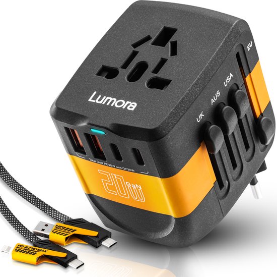 Zwarte en oranje Lumora wereldstekker met 2 USB-C en 2 USB-A poorten. Inclusief USB-C naar USB-C kabel, 20W.