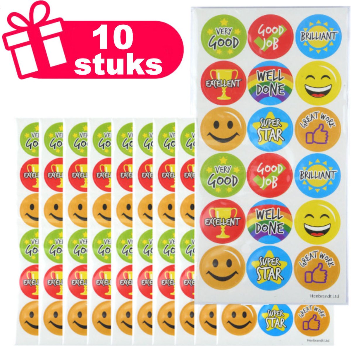 Henbrandt - Set van 10x Stickervellen met Grote PRESTATIE BELONINGSSTICKERS om Uit te Delen of te Knutselen - Traktatie uitdeelcadeautjes - 10x Stickervellen voor Kinderen met 18 Stickers per Vel = Totaal: 180 Stickers