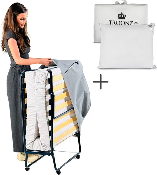 Troonz® Vouwbed Deluxe 90x200 cm - Eenpersoons Logeerbed Inclusief Hoofdkussen - Opklapbed