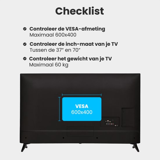 Liste de contrôle pour support mural TV : vérifiez VESA 600x400, taille en pouces 37-70", poids max 60 kg.