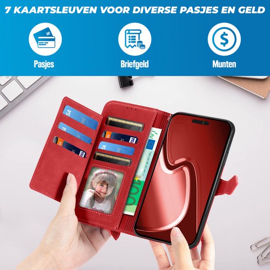 Étui portefeuille rouge avec fentes pour cartes et argent. Montre des billets, des cartes de crédit et une photo.