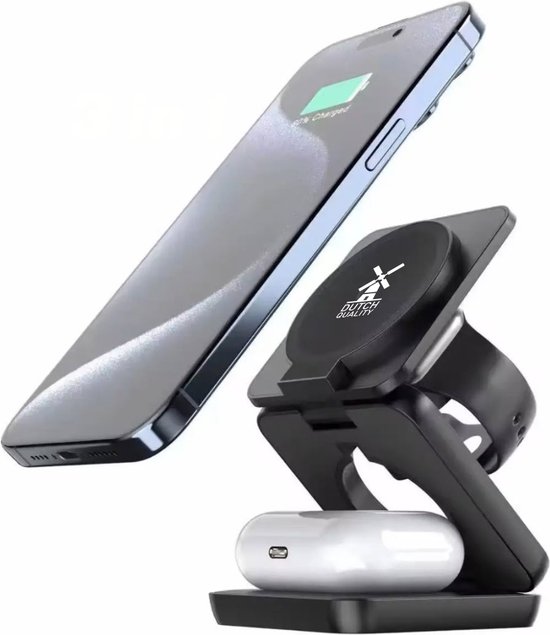 Dutch Quality® Opvouwbaar 3-In-1 Draadloze Oplader- Magsafe - 15W- Oplaadstation- Geschikt voor Apple iPhone 16/15/14/13/12/Mini/Pro/Max, Apple Watch en AirPods - snellader geschikt voor Qi - zonder adapter