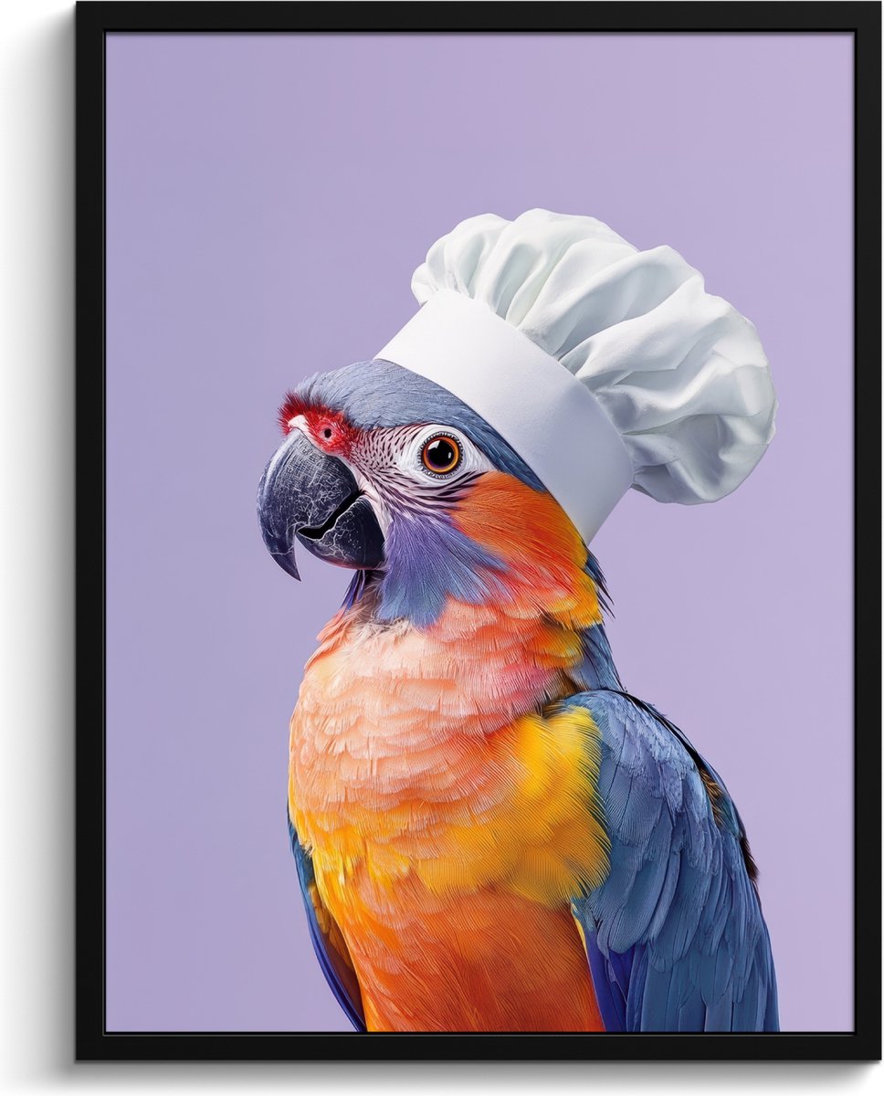 FrameYourWall Fotolijst inclusief poster - Posterlijst 60x80 cm - Posters - Papegaai - Koksmuts - Paars - Cute - Foto in lijst - Keuken decoratie muur - Wanddecoratie accessoires - Muurdecoratie - Schilderijen Koksmuts - Parkiet