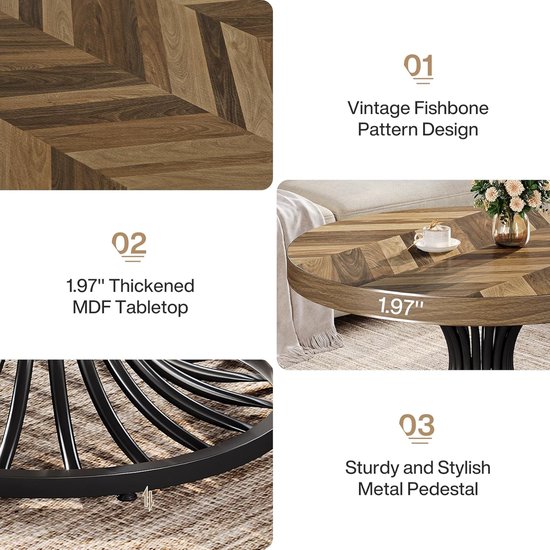 Table basse industrielle ronde en bois de manguier Tribesigns 79 cm - avec base en métal élégante - Marron rustique et Zwart - Table basse - Table d'appoint - 79 x 79 x 45 cm