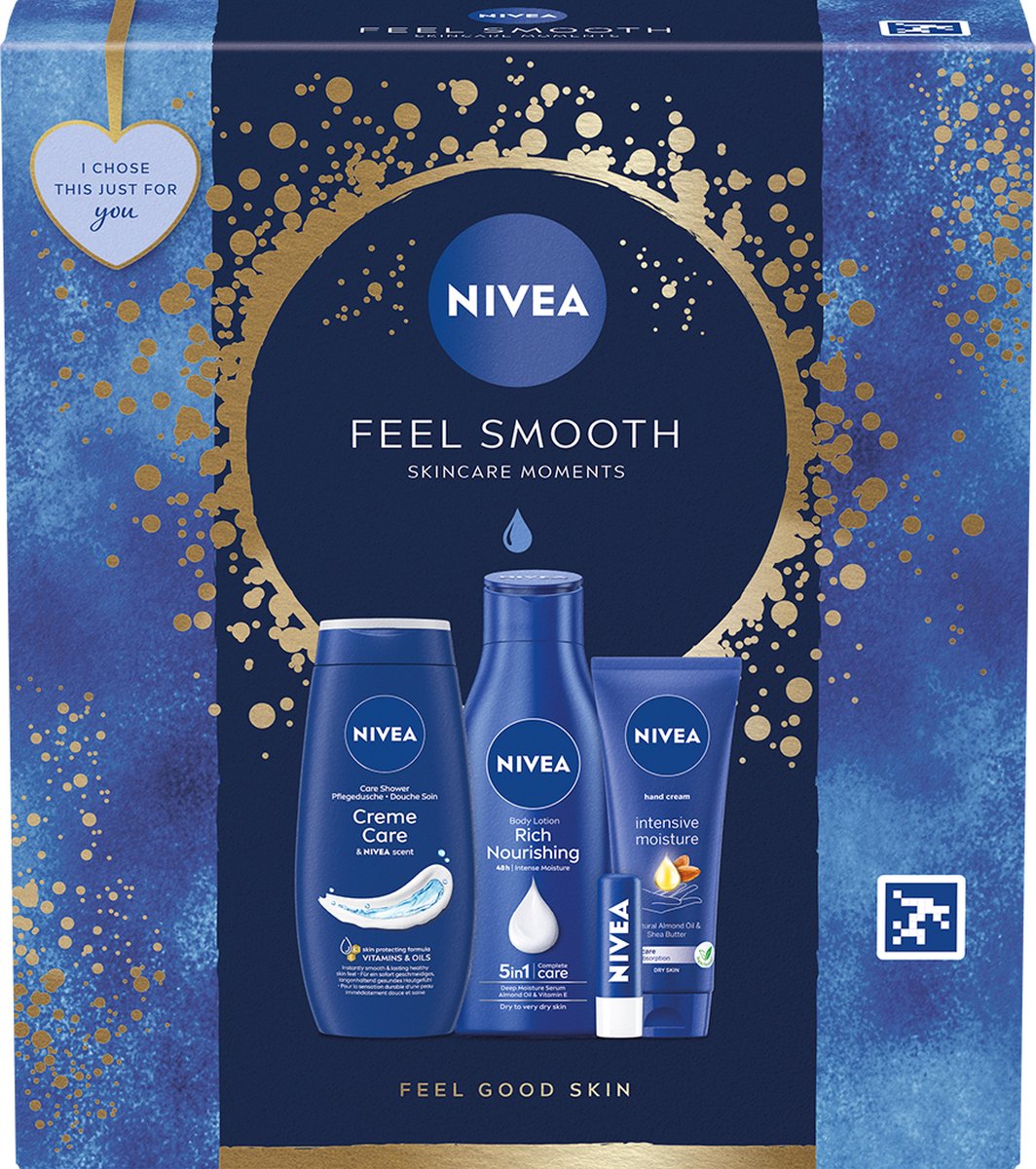Goedkoopste NIVEA Feel Smooth - Geschenkset - Inhoud Douchecrème 250 ml Body Lotion 250 ml Handcrème 100ml Lippenbalsem 4.8g - Cadeauset - 4 stuks