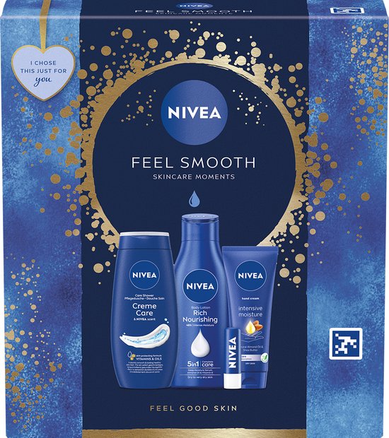 NIVEA Feel Smooth - Coffret cadeau - Contenu Crème douche 250 ml + Lotion pour le corps 250 ml + Crème mains 100 ml + Baume à lèvres 4,8 g - Coffret cadeau - 4 pièces