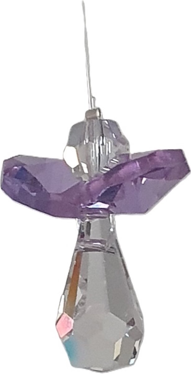 Beschermengel Raamhanger Lila , gemaakt met o.a. swarovski kristal, raamdecoratie, raamkristal, fengshui, crystal, kersthanger, kerst ornament, kerst, cadeau, geluksengel, beschermengel, engel, engeltje, autohanger, kerstpakket