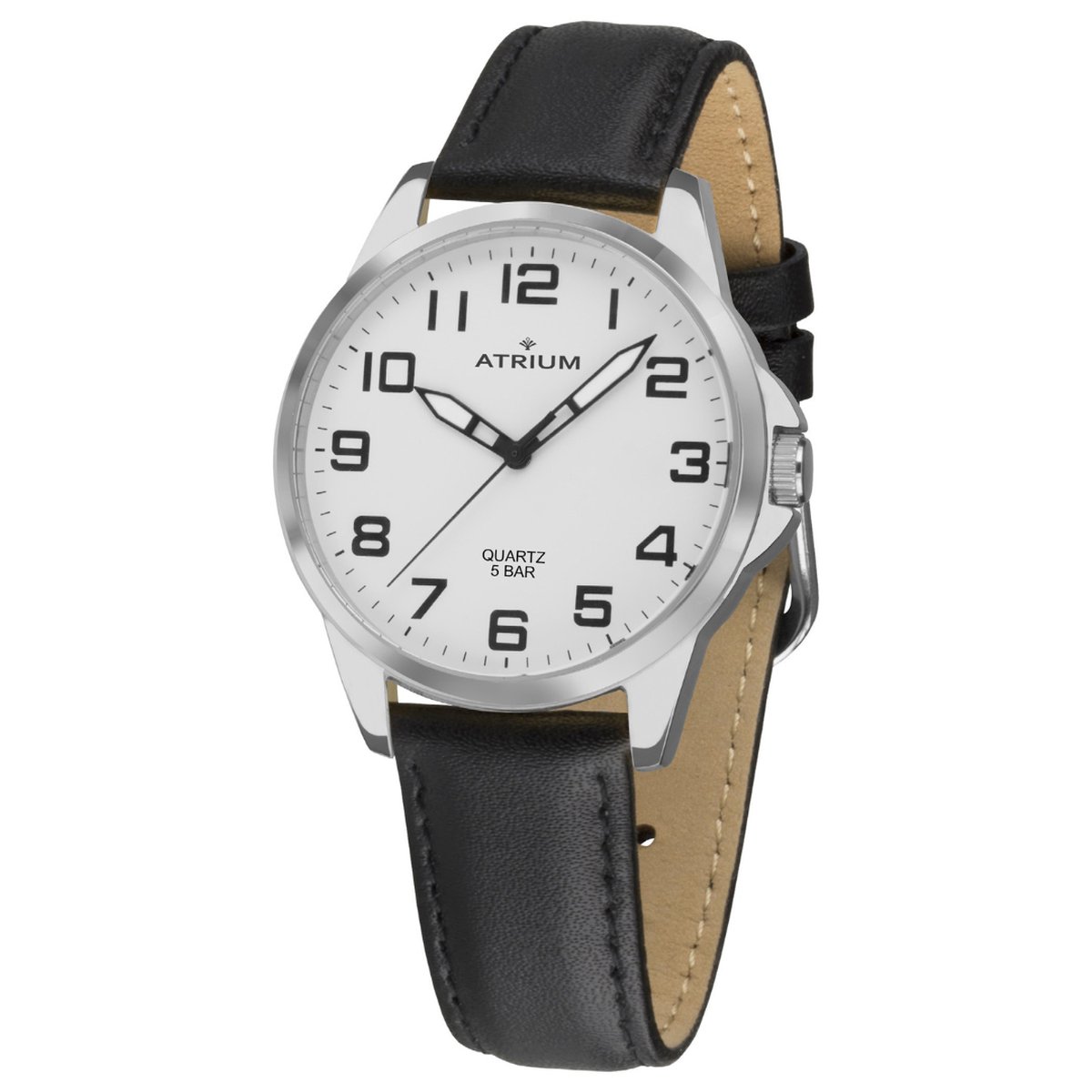 ATRIUM Horloge - Heren - Analoog - Zilverkleurig - Zwart Leder - Verstelbare Band (16-21 cm) - 5 Bar - Duidelijk - Ø 38mm - Quartz - A48-10