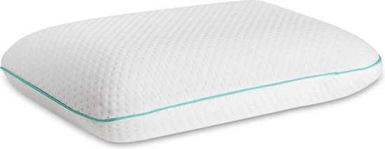 Coussin en mousse à mémoire de forme blanc avec une subtile structure en losange et un fin passepoil bleu sur le bord.