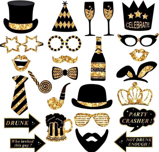 Set Photobooth Props Somstyle - 26 pièces - Masques de Fête et de mariage - Accessoires pour photomaton - Or et Zwart