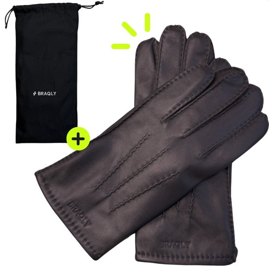 BRAQLY leren handschoenen voor heren en dames - Donker Bruin - 100% echt soepel leer - Zachte binnenvoering van 100% wol - Water- en winddichte winterhandschoenen - Touchscreen - Maat XL