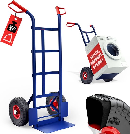 Blauwe steekwagen met rode handgrepen en 200kg label. Toont wasmachine en banddetails.