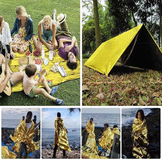 Groep mensen op picknickkleed, twee noodtenten in bos, en mensen op het strand met gouden nooddekens.