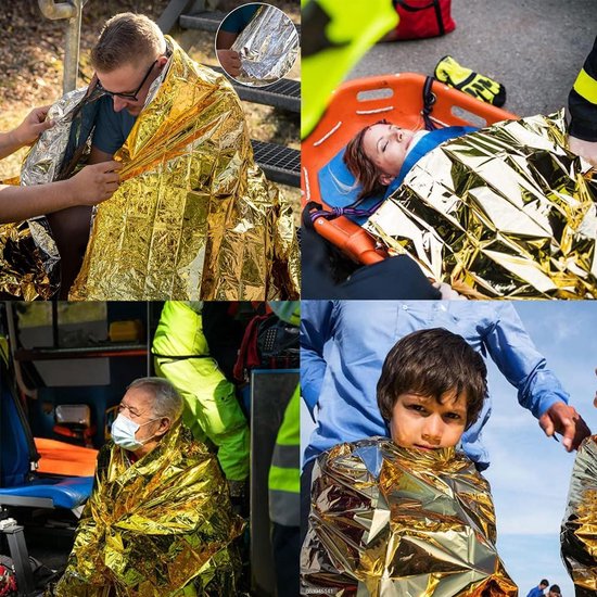 Collage: personen met nooddekens (goud/zilver) in diverse situaties, waaronder medische hulpverlening.