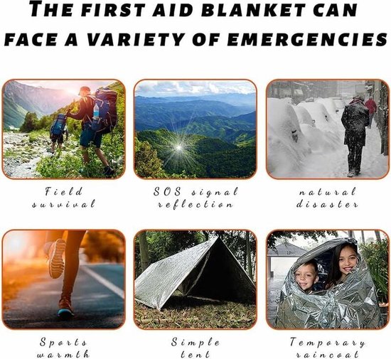 Outdoor nooddekens in diverse noodsituaties: veld survival, SOS signaal reflectie, natuurrampen, sport, simpele tent, tijdelijke regenjas.