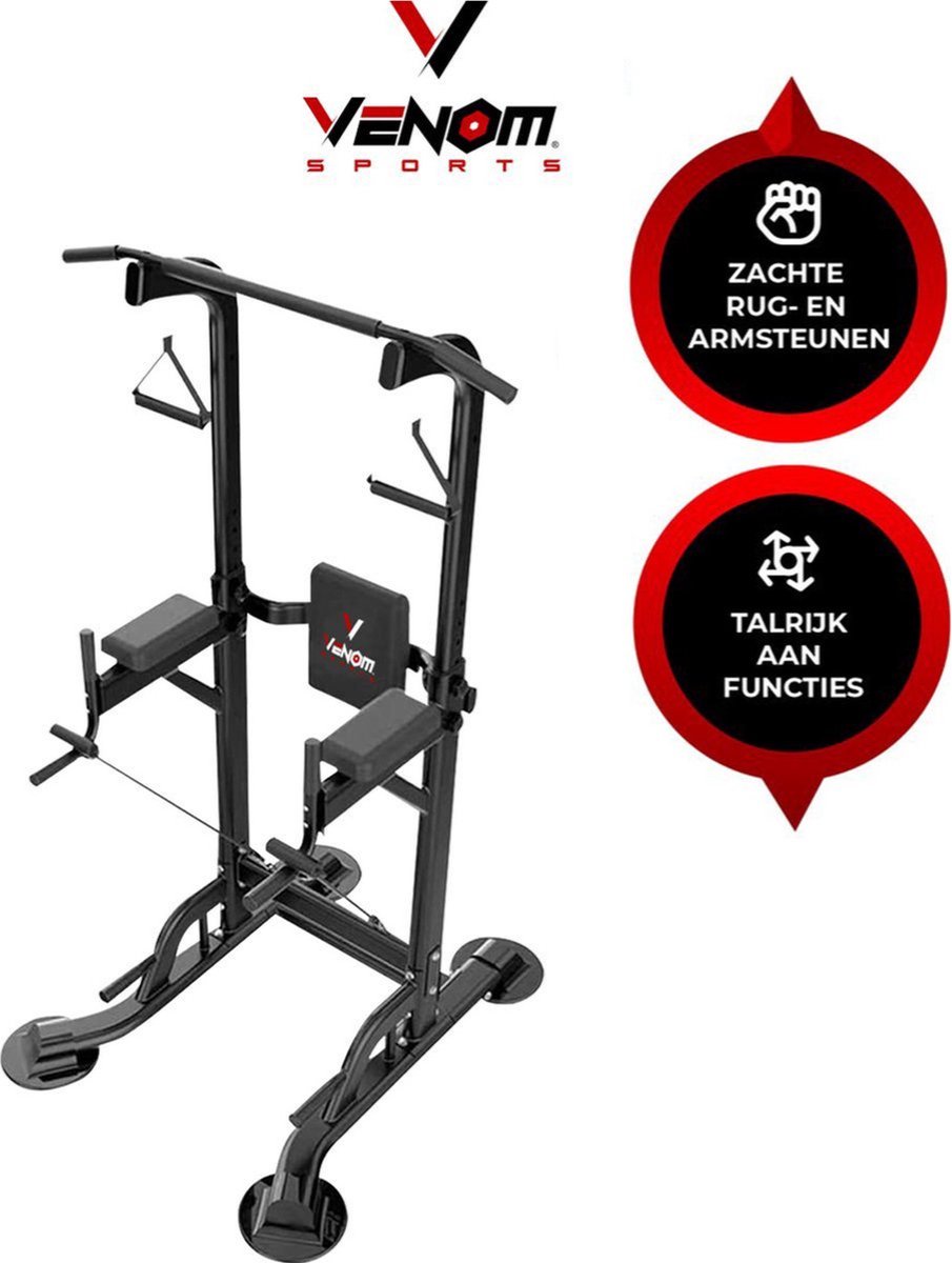 Venom Sports Krachtstation - Multifunctioneel trainingsrek - Power tower met Pull up bar – Fitness apparaat krachttraining – Anti-slip handvaten – Super stabiel – In hoogte verstelbaar – B97xL90xH155-230 cm – Zwart