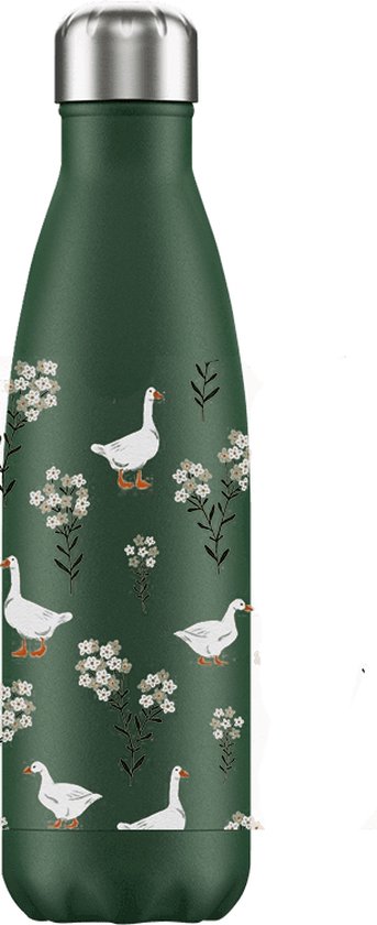 Groene FLASKE drinkfles (500ml) met ganzen- en bloemenprint, met zilveren dop.