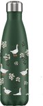 Groene FLASKE drinkfles (500ml) met ganzen- en bloemenprint, met zilveren dop.