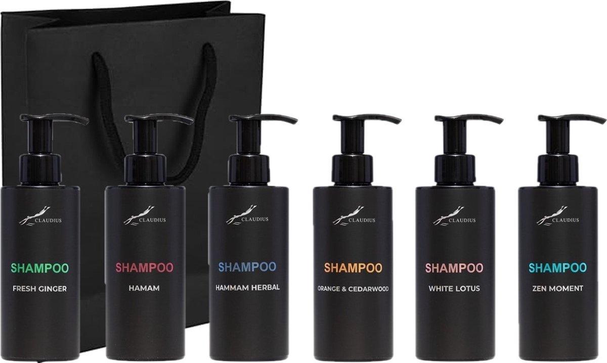 Shampoo Set - Fresh Ginger + Hamam + Hammam Herbal + Sweet Orange & Cedarwood + White Lotus en Zen Moment - bodycare - met luxe gift tas - set van 6 stuks - Cadeau - giftset voor hem en haar