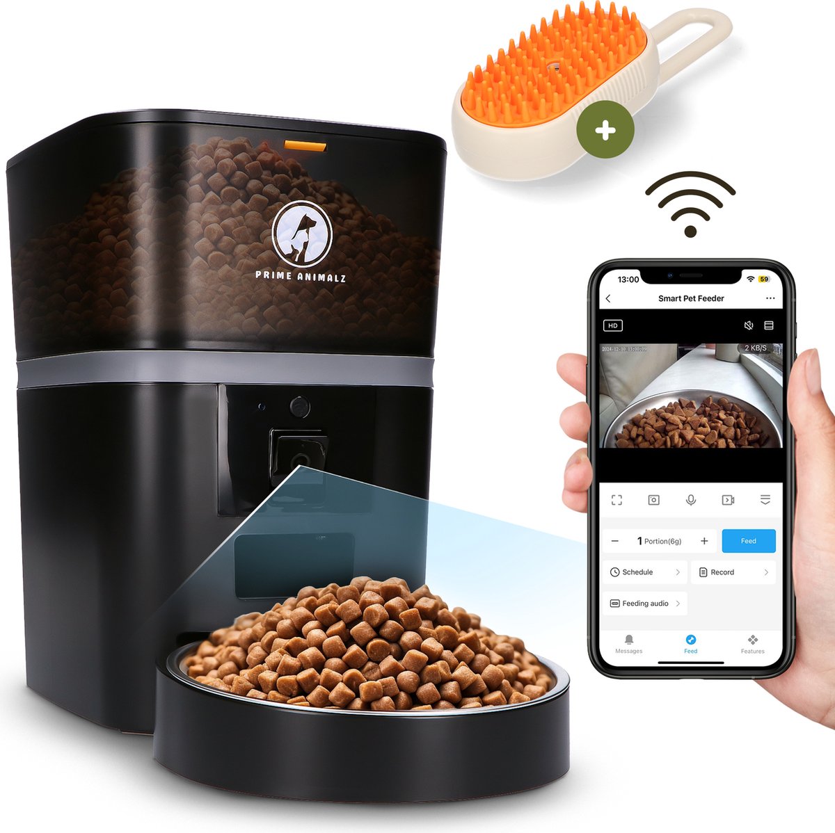 Afbeelding 2 van Prime AnimalZ Automatische Voerbak met stoomborstel voor kat en hond - Voerautomaat Dispenser - voerbak kat Enkel - met Camera - Full HD 1080P Camera met night vision - Two-way Audio - 4L- Zwart