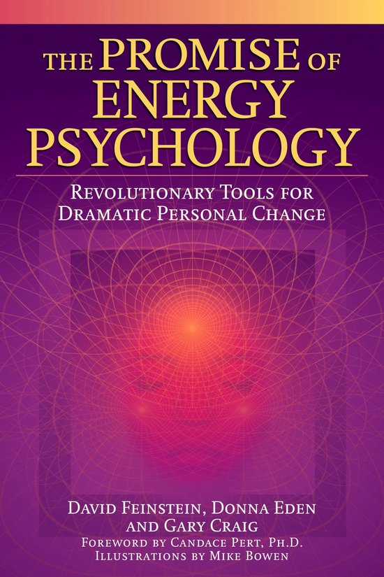 Boek 'The Promise of Energy Psychology' met gele tekst op een paarse achtergrond met een geel en oranje lichtgevende cirkel.