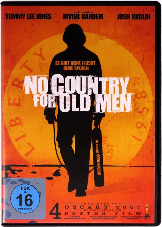 Een silhouet van een man met een gasfles tegen een oranje achtergrond met tekst 'NO COUNTRY FOR OLD MEN'