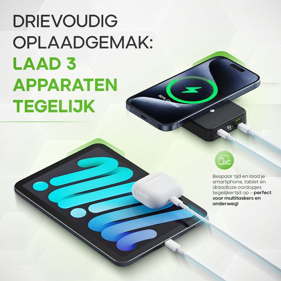 Zwarte powerbank laadt een smartphone, tablet en oortjes op. Tekst: "Drievoudig oplaadgemak: Laad 3 apparaten tegelijk."
