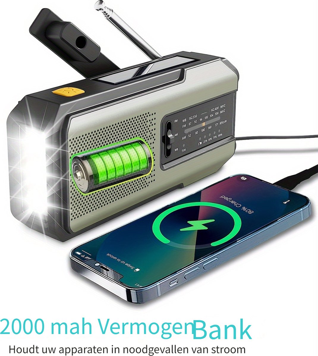 Dutchers® Noodradio - Opwindbare Survival Radio - Dynamo / Solar / Zonnepaneel - Opwindbaar - Zaklamp - FM - AM - Leeslamp / Draagbare noodradio - SOS alarm - USB-C kabel - Noodpakket