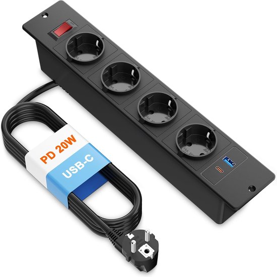 FDTEK PD 20 W inbouwstekkerdoos met 2 USB-C en 2 USB-A, werkblad stopcontact, 4 stopcontacten (4000 W/16 A), geïntegreerde stekkerdoos met schakelaar, inbouwstopcontact, 2 m, kabel voor kantoor, huis, meubels