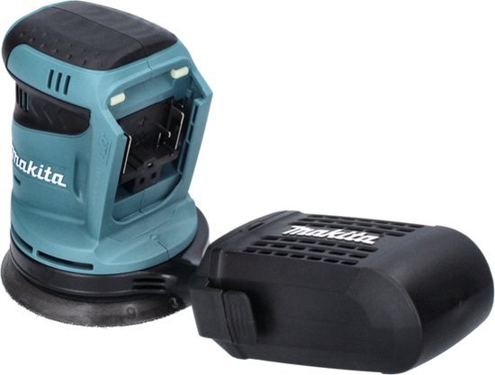 Turquoise en zwarte Makita excenterschuurmachine met losse accucompartiment.