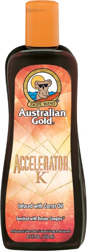 Australian Gold Accelerator K zonnebankcrème met oranje dop. Goudkleurig accent met wortelolie en Biosine Complex.