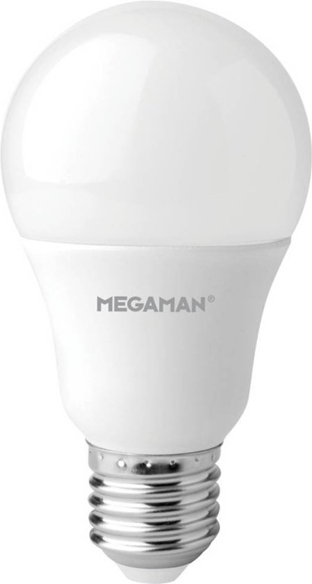 Witte LED lamp van MEGAMAN met schroefdraad en een bolvormige kop.