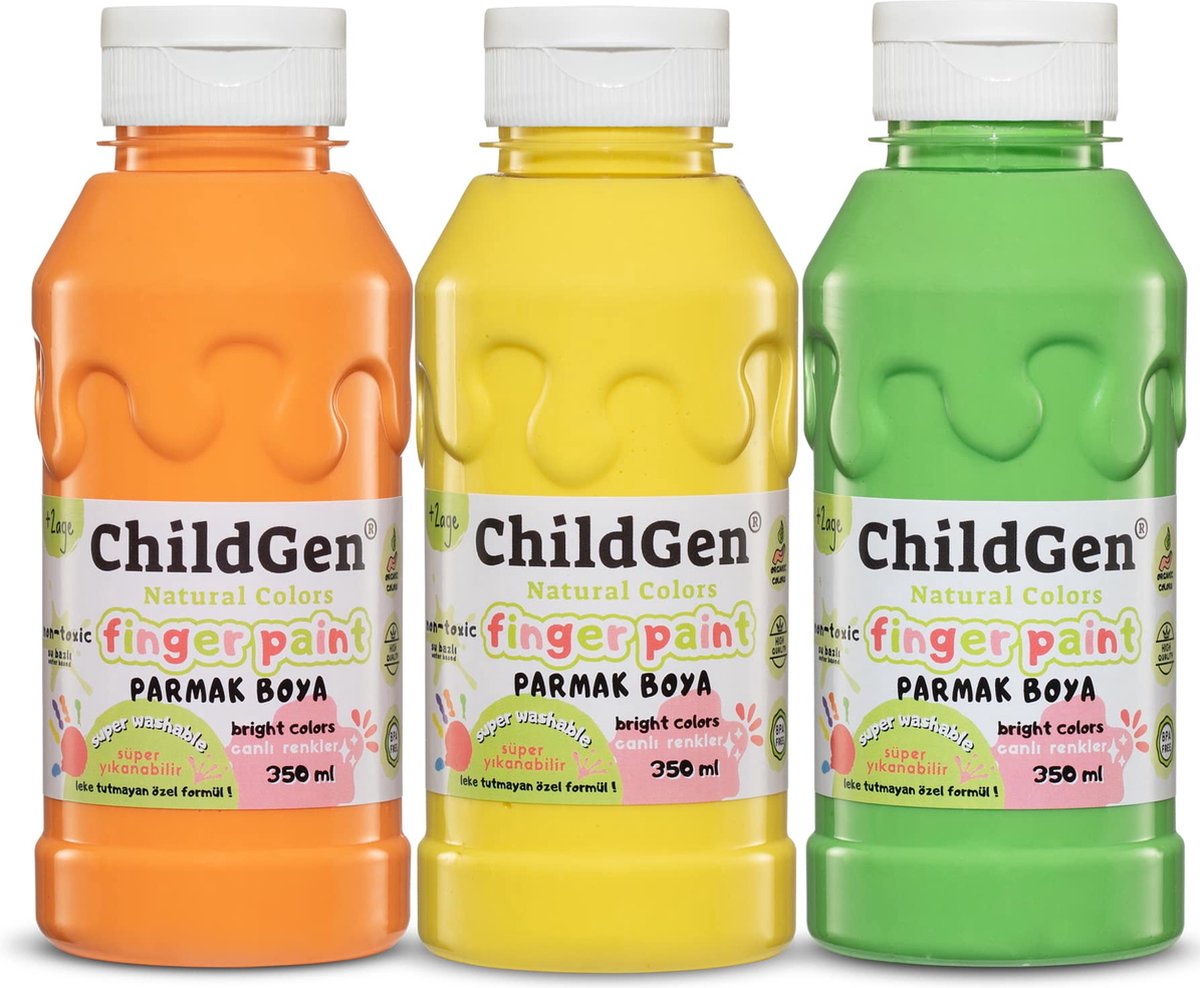 ChildGen vingerverf Pastel - 100% natuurlijk en niet giftig - Oranje/Geel/Groen - makkelijk uitwasbaar (3x 350 ml)