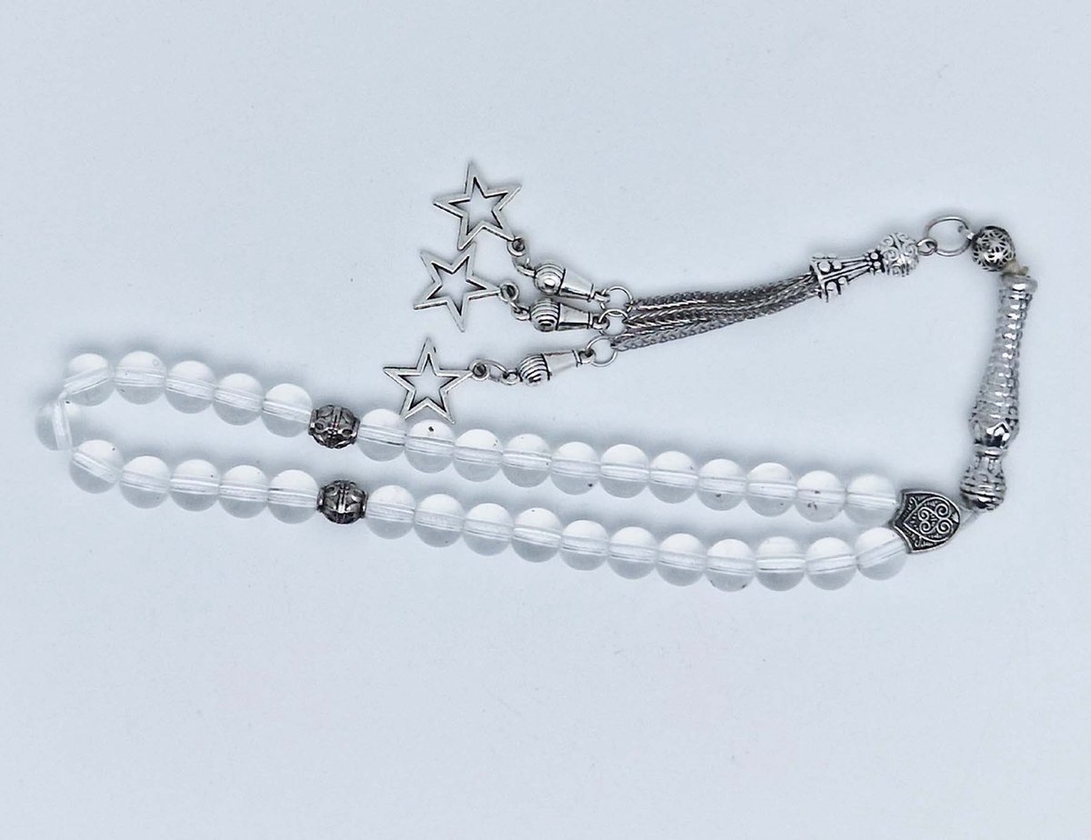 Handgemaakte tesbih klassiek - "Tasbih" natuursteen "Bergkristal" - Aantal kralen 33 - Diameter kralen 8 MM - met metaal tassel "Sterren" - Een mooi cadeau-idee