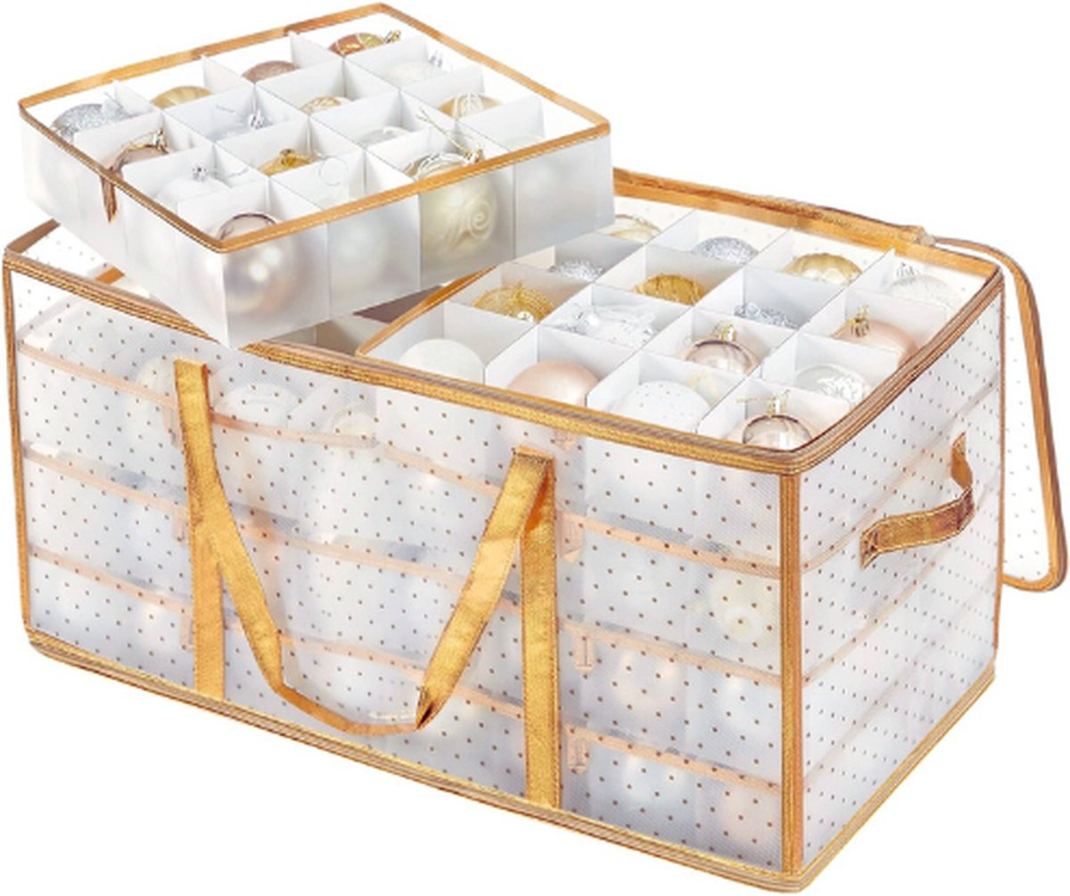 Opbergdoos Voor Kerstballen, Opbergdoos Voor Kerstversieringen - 128 Boxen - Modulaire Verdelers, 67 x 34 x 34 cm, -Semi-transparant Goudkleurig RFB029A01